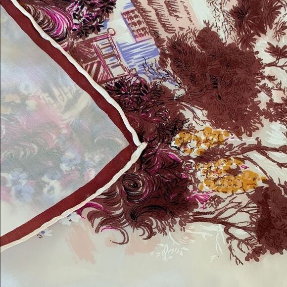 Vtg landscape design silk satin scarf brown border - Picture 9 of 9
